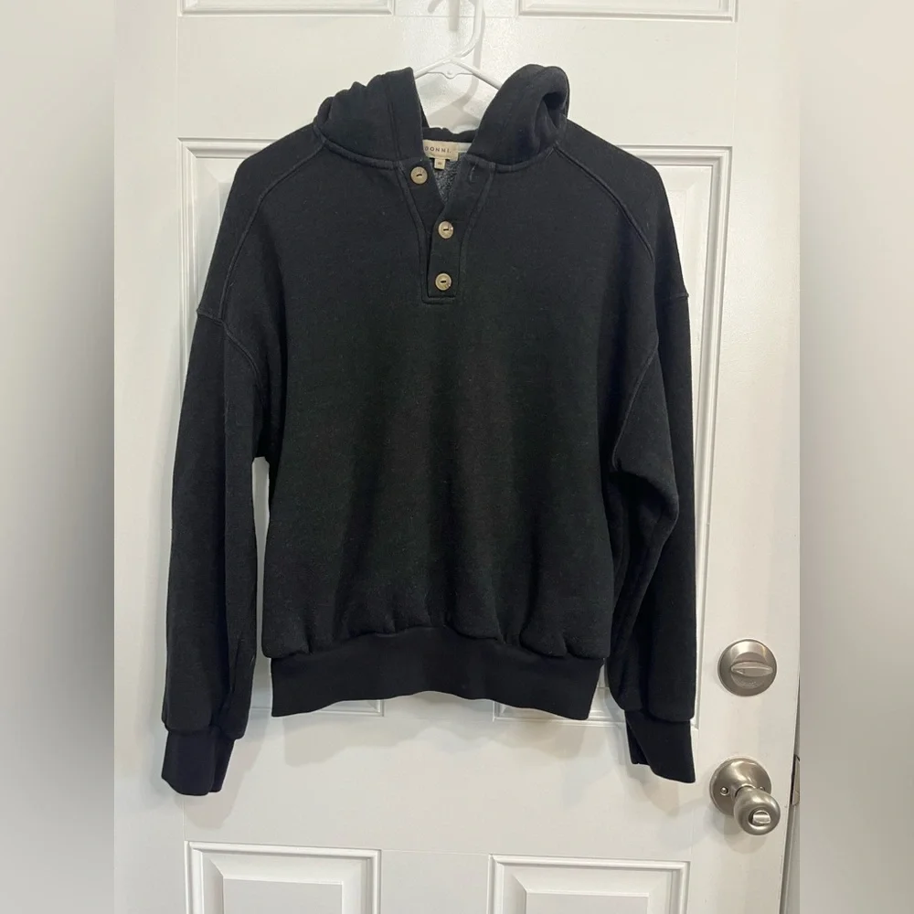 DONNI. Organic Cotton button accent Charcoal Hooded Sweatshirt Hoodie - Charcoal - Picture 9 of 9